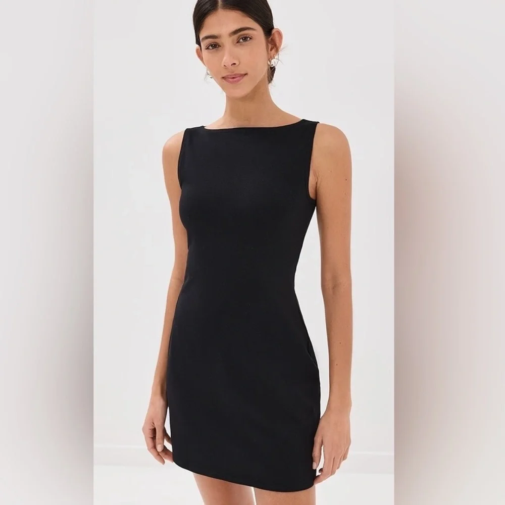 new Reformation Nataly black boat neck mini knit dress